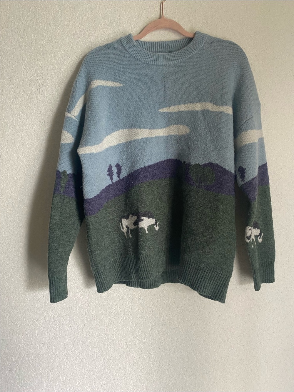 Scenic Prairie Cow Pattern Knit Sweater Size Large - Picture 2 of 6